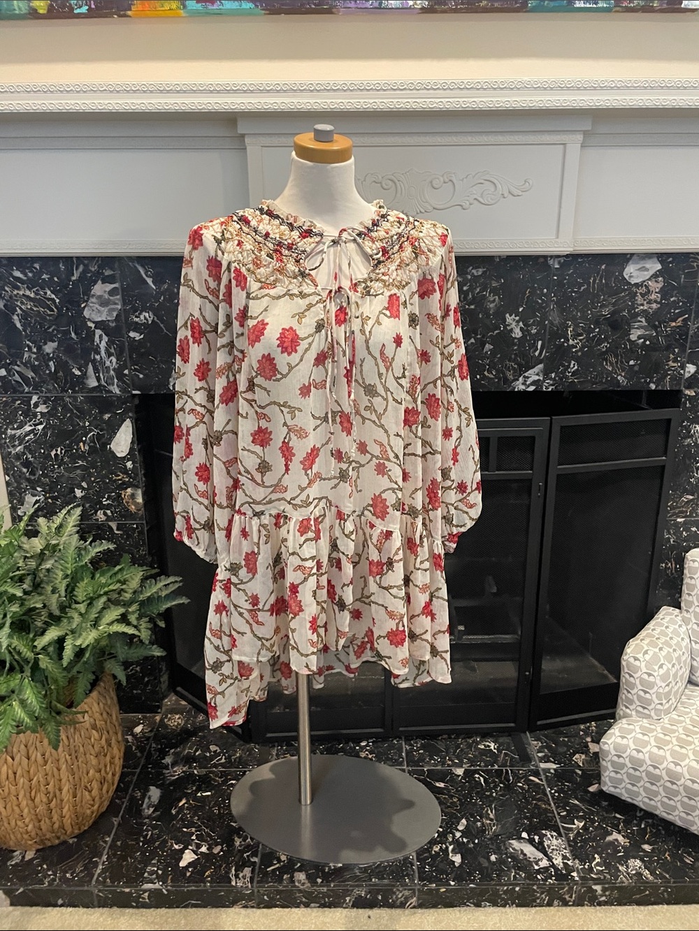 Smocked Neck Floral Mini Dress in Cream and Red